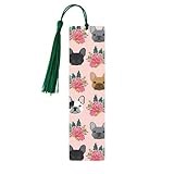 French Bulldog and Flowers Print Wooden Bookmark Colorful Tassel Bookmarks Ornaments for Crafts, Christmas,Wedding