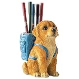 Dog Pen Holder for Desk Statue Dog Sculpture Pen Container Pen Box Figurines Ornaments Desktop Storage Organizer Accessories (Golden Retriever (blue bag))