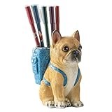 Dog Pen Holder for Desk Statue Dog Sculpture Pen Container Pen Box Figurines Ornaments Desktop Storage Organizer Accessories (French Bulldog (blue bag))