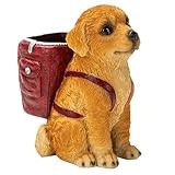 Dog Pen Holder for Desk Statue Dog Sculpture Pen Container Pen Box Figurines Ornaments Desktop Storage Organizer Accessories (Golden Retriever (red bag))