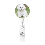 Bichon Frise Dog Retractable Badge Reels with Key Ring and Clip Cute Name Id Card Badge Holder Decorative Name Badge Holder for Office Worker Doctor Nurse