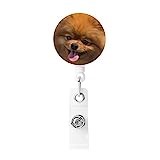 OHWODA Yellow Pomeranian Printed Retractable Badge Holder, Plastic Badge Reel with Key Ring Back Strap Holder