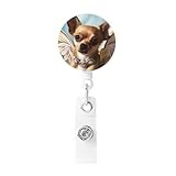 Badge Reel Retractable Badge Holders with 360° Swivel Alligator Clip and Key Ring Brown Chihuahua Angel Wings Print Cute Badge Clip Funny Id Card Holders for Office Worker Nurse Teacher