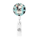 Badge Reel with Key Ring Cute French Bulldog Print Id Badge Holder for Nurse Retractable Badge Clip for Women Men Id Card Holders with Clip for Work Office