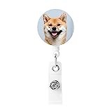 OHWODA Smiling Shiba Inu Printed Retractable Badge Holder, Plastic Badge Reel with Key Ring Back Strap Holder