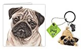 WaggyDogz Pug Dog Gift Bundle - 2 Items - Quality Greetings Card & H&H Fun Character Key Ring