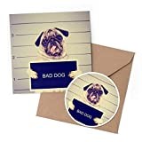 1 x Greeting Card & 10 cm Round Sticker Set - Funny Pug Dog Convict Mug Shot - Birthday Thank You Friend Lover Fan Mum Dad Kids #52870