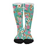 Unisex Novelty Crew Socks,Ibizan Hound Floral Pure Breed Dog Teal Mid Calf Dress Socks Sports Socks Knee High Athletic Long Tube Stockings for Girls Women