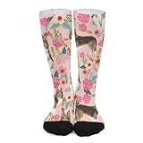 Novelty Crew Socks,Sheltie Floral Shetland Sheepdog Florals Casual Funny Dress Socks Mid Calf Sport Athletic Socks For Women Men