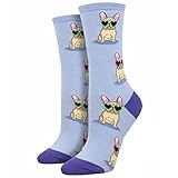 Socksmith Women's Crew Socks Frenchie Fashion, fun French Bulldog design socks in Periwinkle Blue