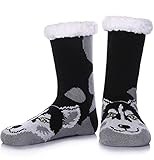 SDBING Mens Super Soft Warm Cozy Fuzzy Fleece-lined Winter With Grips Slipper socks, Siberian Husky, One Size