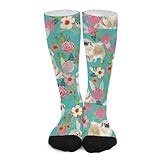 Novelty Crew Socks,Tibetan Spaniel Floral Dog Blue Casual Funny Dress Socks Mid Calf Sport Athletic Socks For Women Men