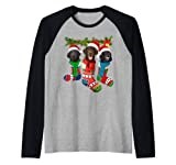 Three Flat-Coated Retrievers In Christmas Socks Raglan Baseball Tee